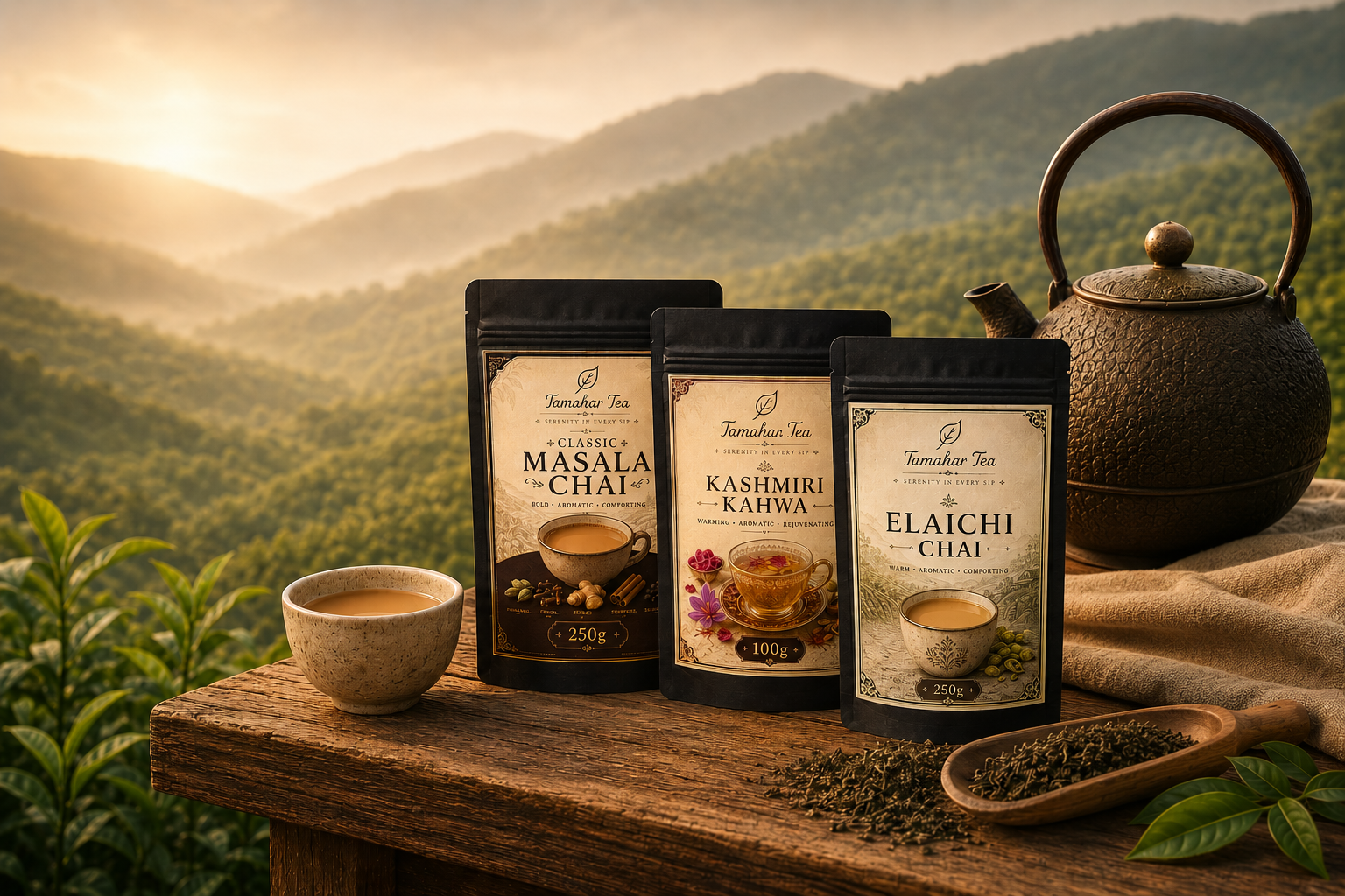 Misty tea garden at dawn