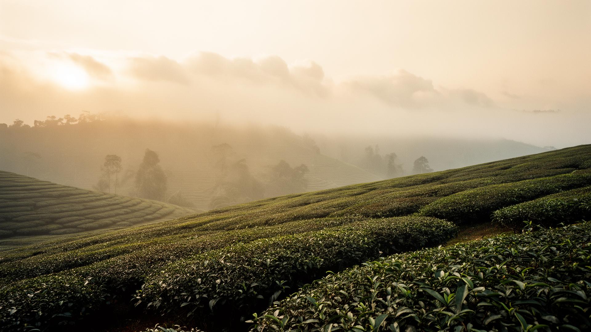 Misty tea garden at dawn