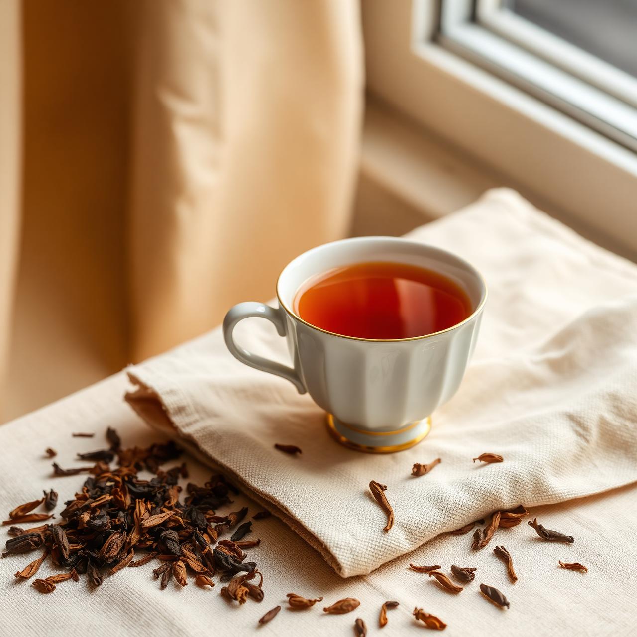 Porcelain teacup with steaming tea